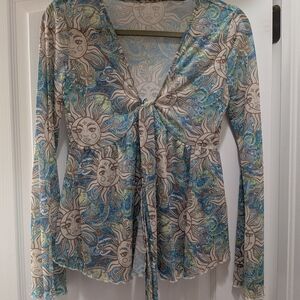 SHEIN Blue Paisley Sun-Print Tie-Front Blouse